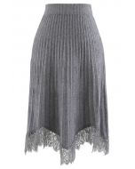 Lace Trim Pleated Knit Midi Skirt in Grey