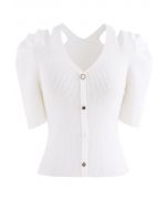 Cutout Shoulder Button Down Fitted Knit Top in White