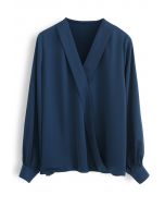 Satin Surplice Neck Sleeves Top in Indigo