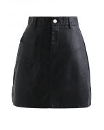 Pocket Faux Leather Texture Skirt in Black