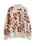 High Neck Irregular Print Ribbed Knit Sweater in Cream