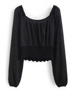 Crisscross Pearl Square Neck Crop Knit Top in Black