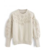 Flowers Stitched Puff Sleeves Knit Sweater