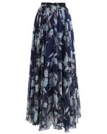 Falda larga de gasa floral azul marino