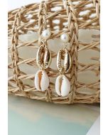 Double Cowrie Shell Charm Pearls Earrings