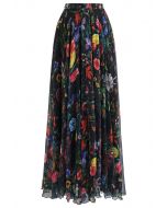 Tropical Flowering Watercolor Maxi Skirt in Black